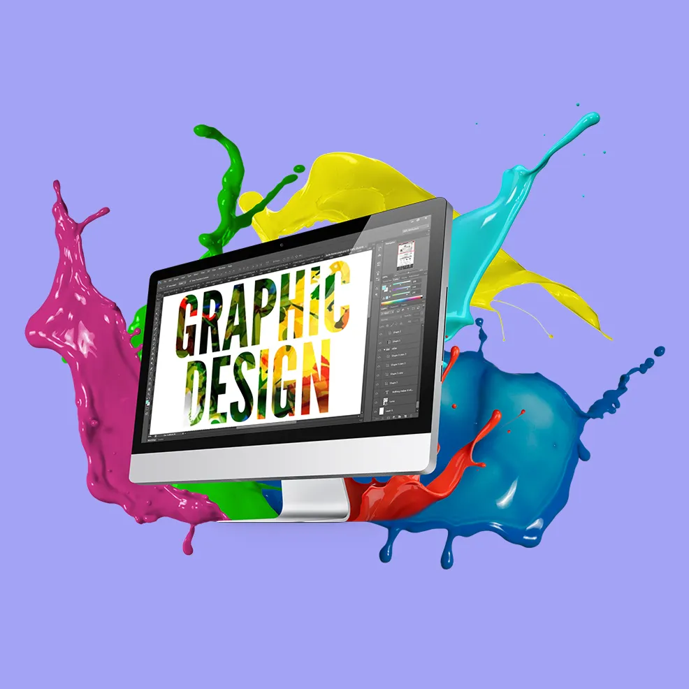 A computer screen displaying GRAPHIC DESIGN with colorful paint splashes.